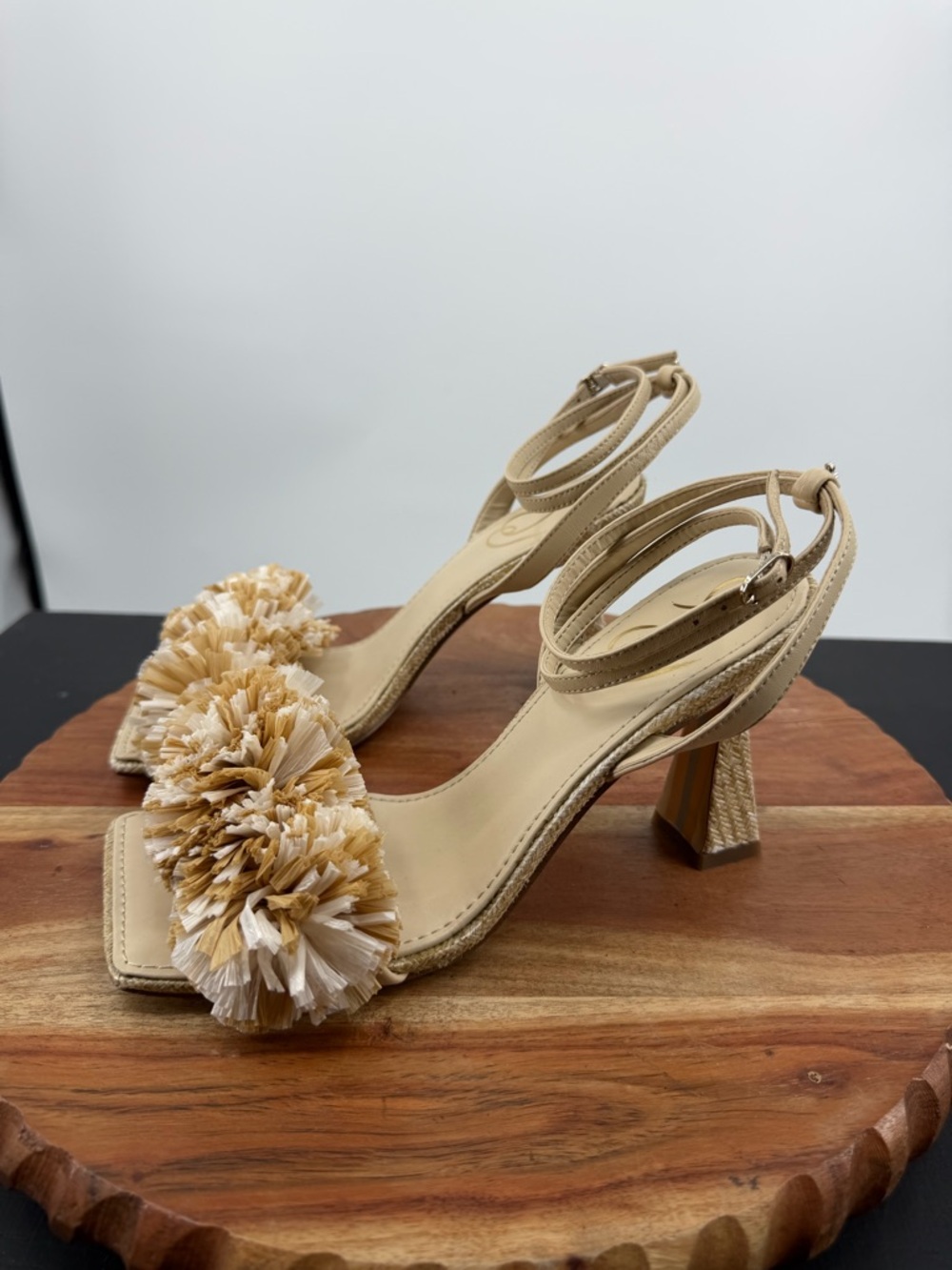 Sam Edelman Clare heel Sandals square toe raffia pom-pom ankle strap 6.5 - Picture 4 of 11
